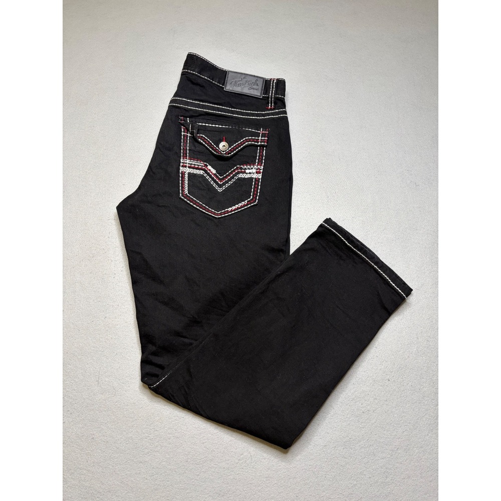 True Luck Jeans Men 34/32 Black Contrast Stitch Embroidered Y2K Straight Leg